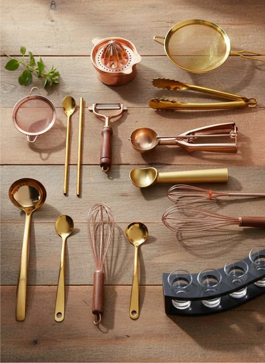 Daily Rituals tools laid out on a wooden table: squeezers, strainers, tongs, whisks and spoons in gold and rose gold